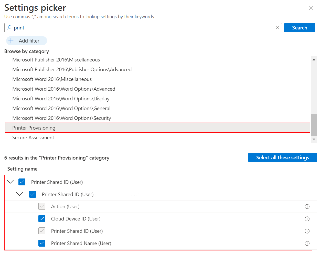 Screenshot that shows how to select printer provisioning in the settings catalog to create a universal print policy in Microsoft Intune and Intune admin center.