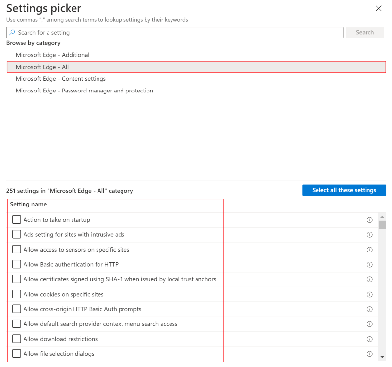 Screenshot that shows the Settings Catalog when you select macOS and select a feature or category in Microsoft Intune and Endpoint Manager admin center.