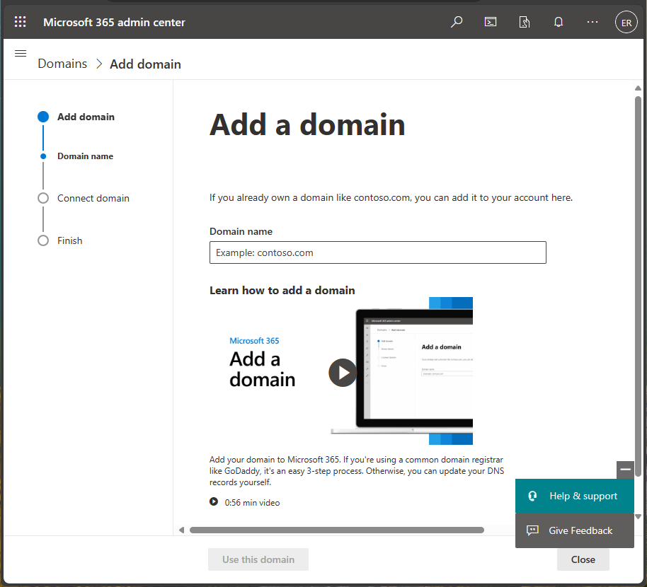 Screenshot of Microsoft 365 admin center - Add domain