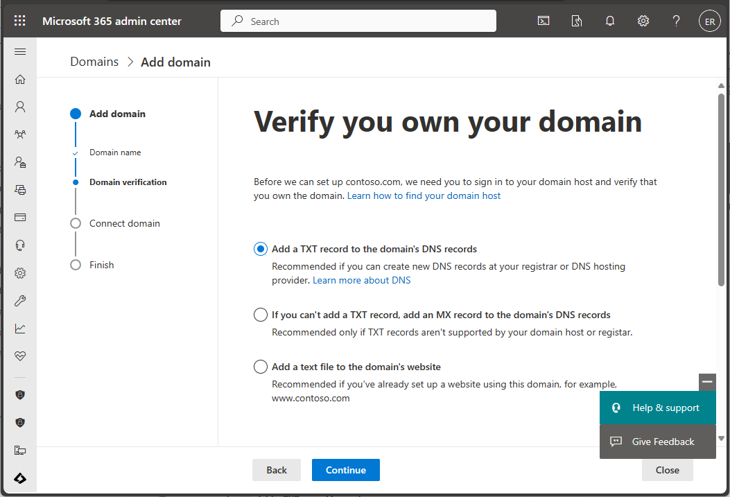 Screenshot of Microsoft 365 admin center - Verify domain