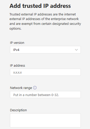 Screenshot of the Add trusted IP address pane.