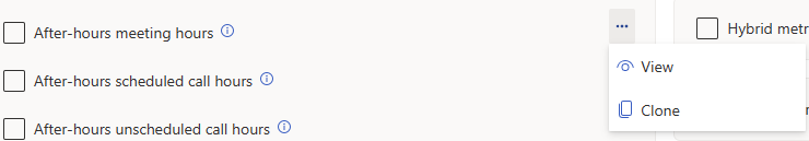 Screenshot that shows After-hours meeting hours option to View and Clone.