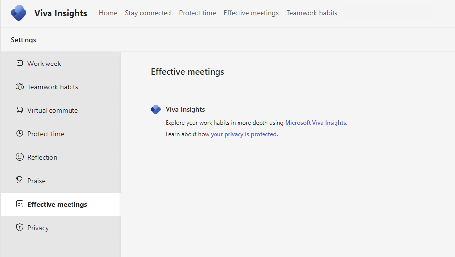 Screenshot that shows the Effective meetings tab in Settings with no Meeting effectiveness surveys toggle present.