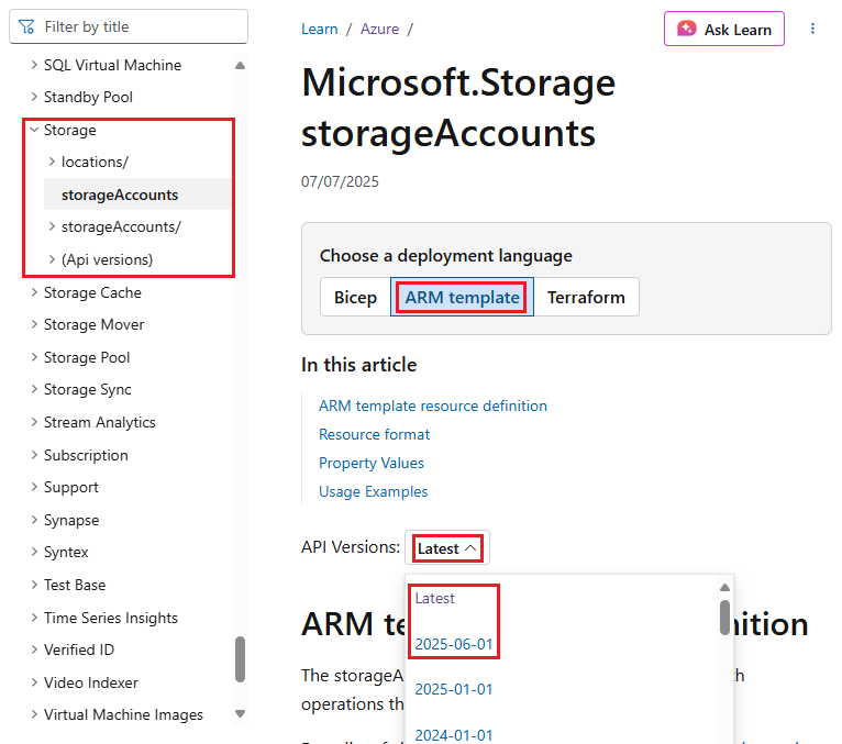 Resource Manager template reference storage account versions