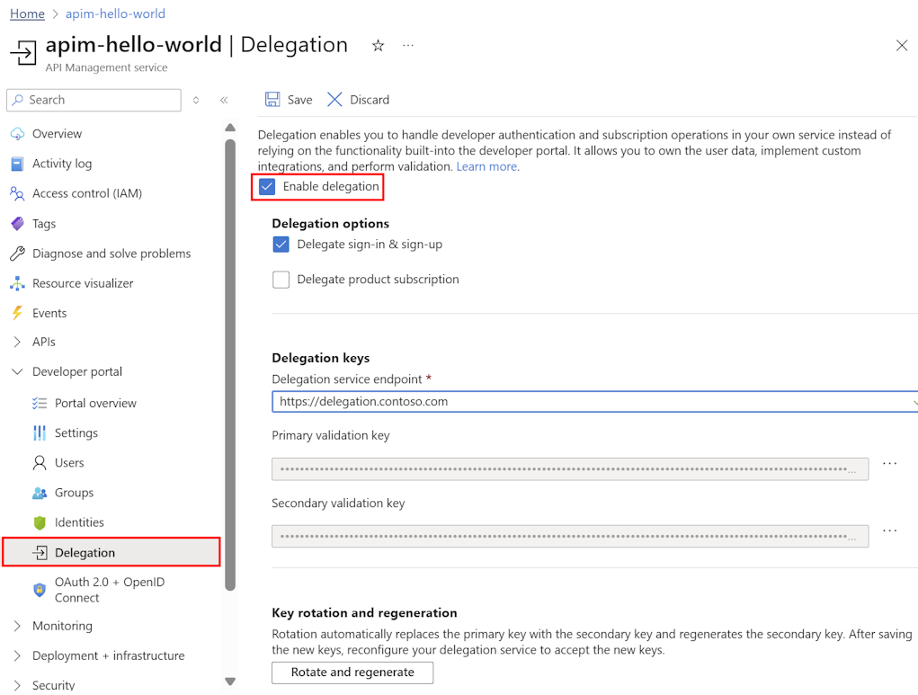 Screenshot showing delegation of sign-in and sign-up in the portal.