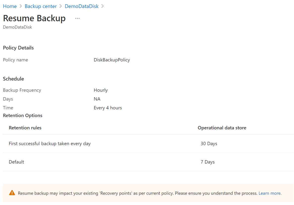 Screenshot showing the option to resume backup.