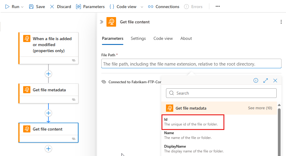 Screenshot shows workflow designer with Get file content action dynamic content list opened and Id highlighted.