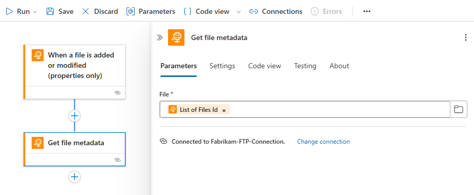 Screenshot shows workflow designer with the Get file metadata action and File set to List of Files Id.