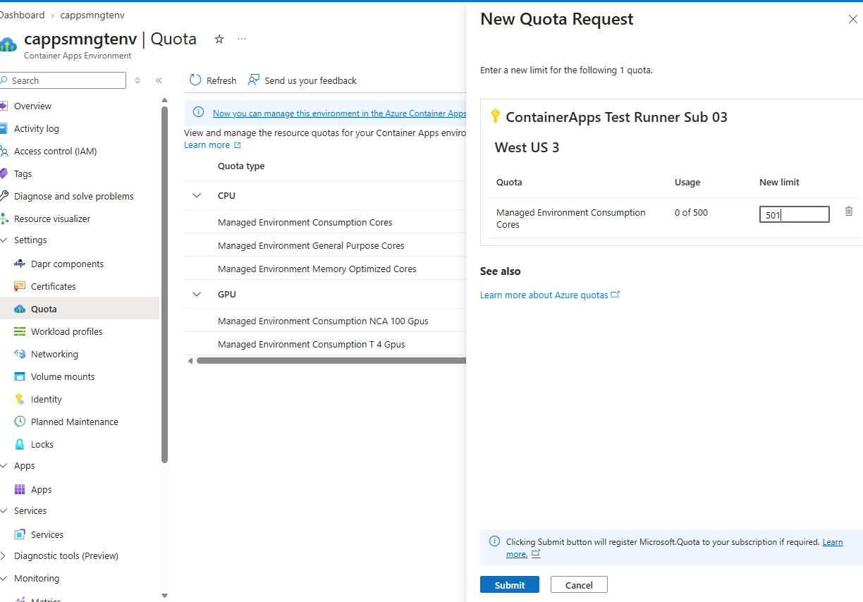 Screenshot of a new managed environment quota request with a value entered in the New limit box.