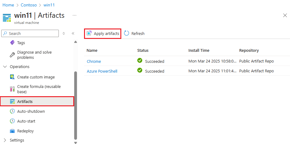 Screenshot that shows the Artifacts pane for an existing VM.