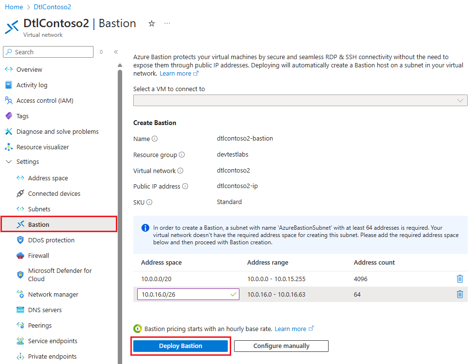 Screenshot that shows adding a Bastion in the existing virtual network.