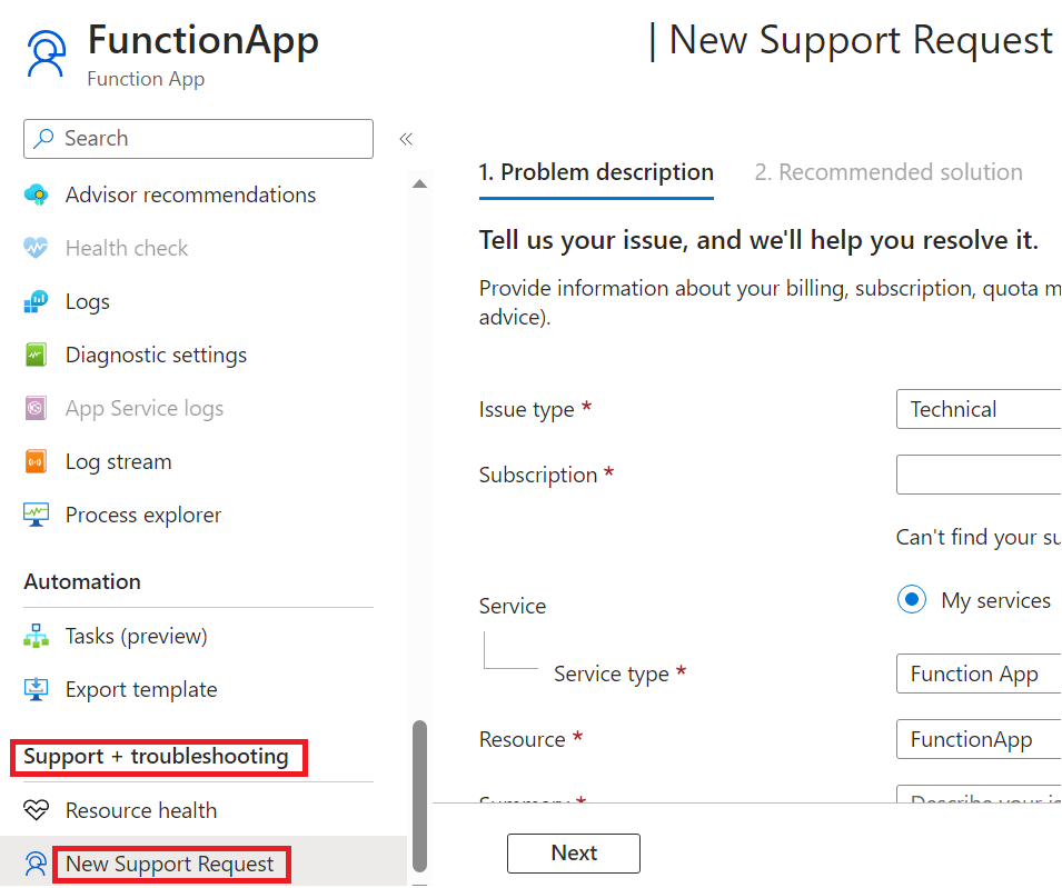 Screenshot of the support request page in the Azure portal.