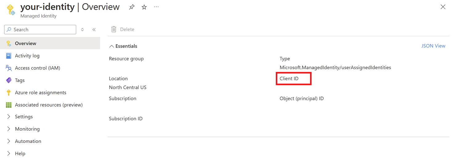 Screenshot of the managed identity overview page showing the Client ID location in the Azure portal.