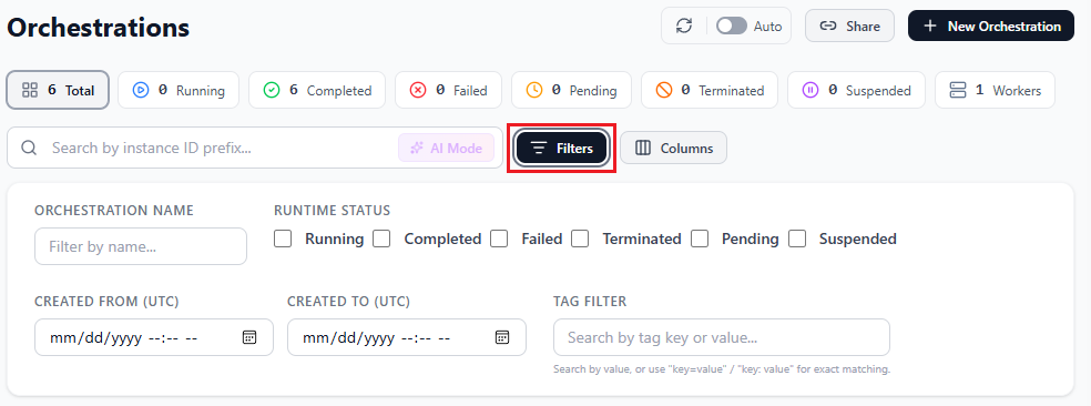 Screenshot of the dashboard listing orchestration history and status with filter options.
