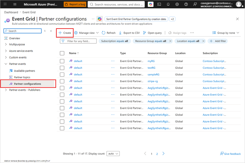 Screenshot showing the Event Grid Partner Configurations page with the list of partner configurations and the link to create a partner registration.