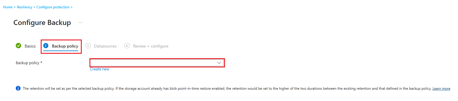 Screenshot shows how to select policy for vaulted blob backup.