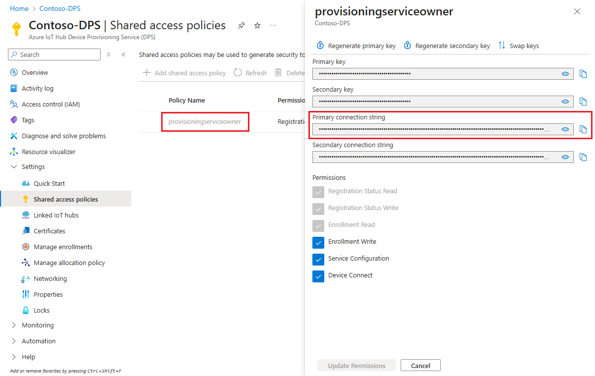 Screenshot that shows the location of the provisioning service connection string in the portal.