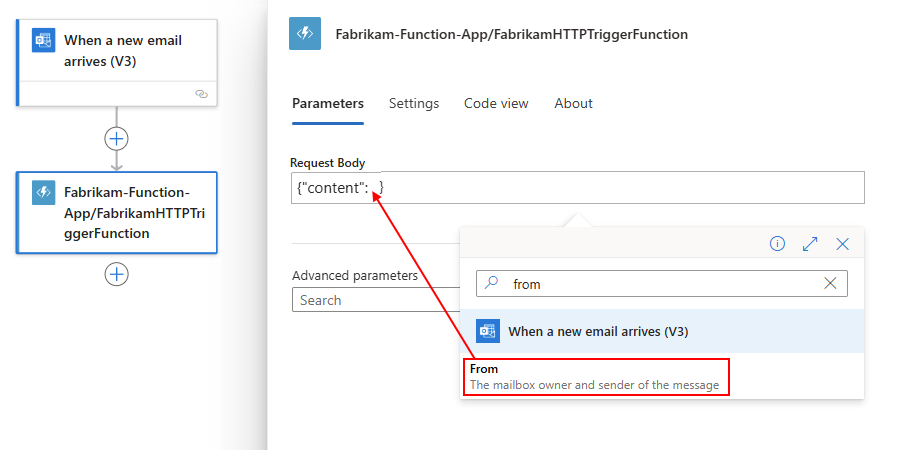 Screenshot that shows a Consumption workflow with a Request Body example for the function context object payload.