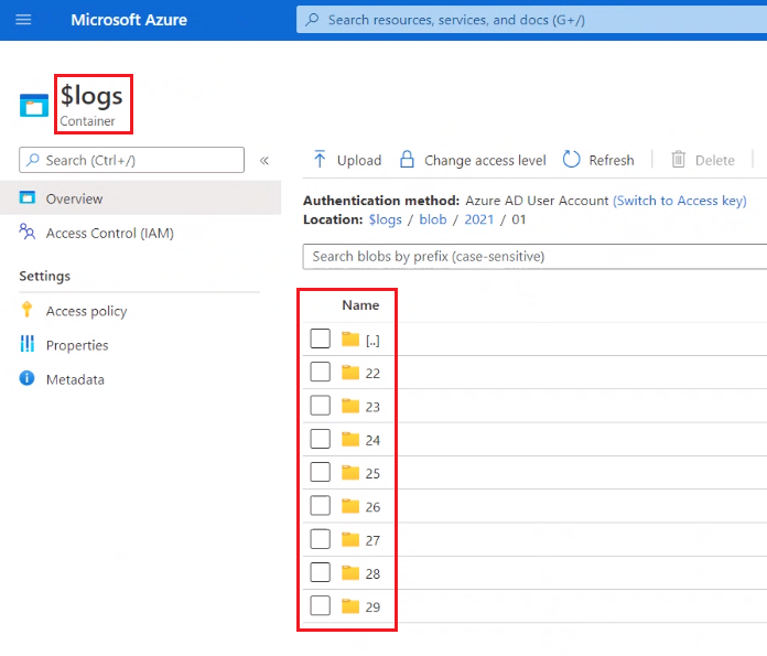 List of log folders in the Azure portal
