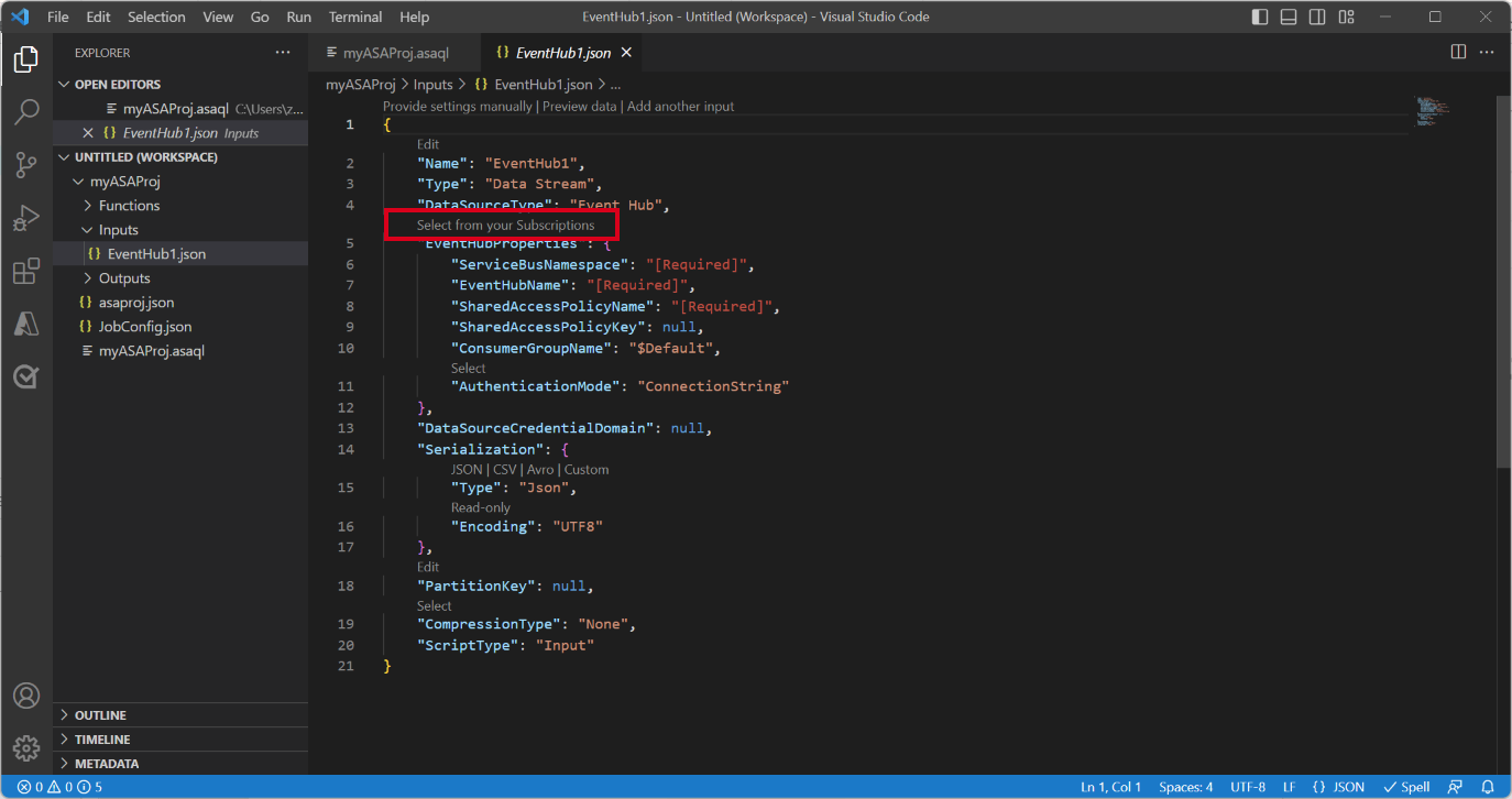 Screenshot of VS Code extension showing the input json files.