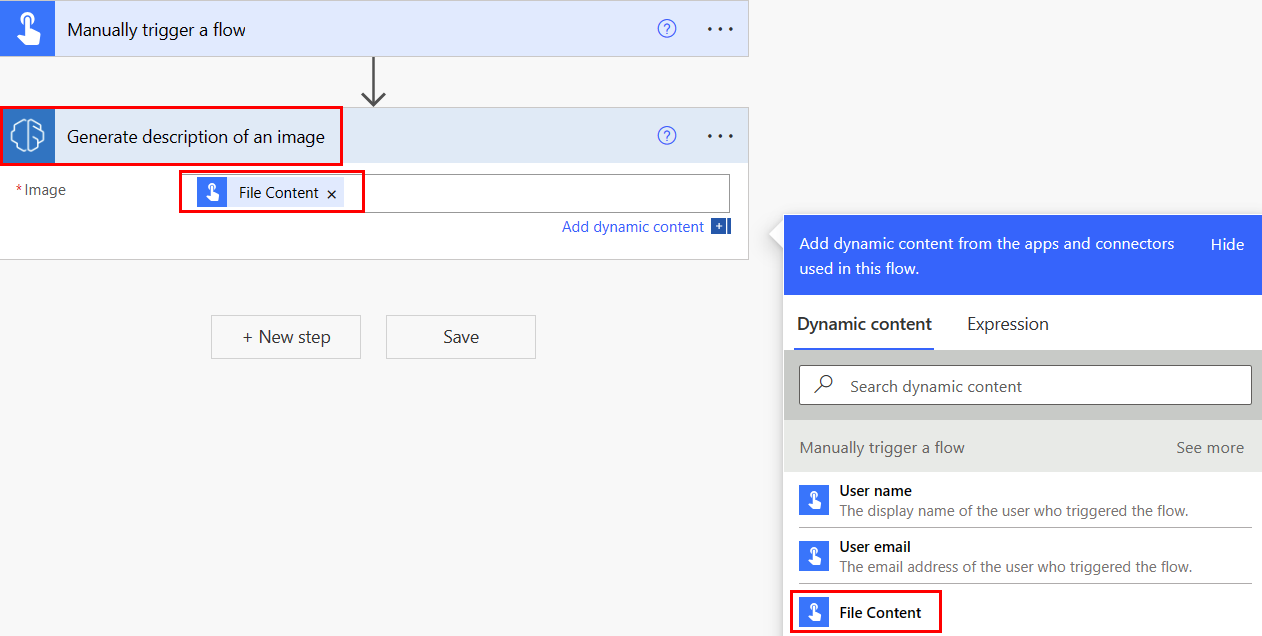 Näyttökuva AI Builderin toiminnosta Luo kuvan kuvaus.