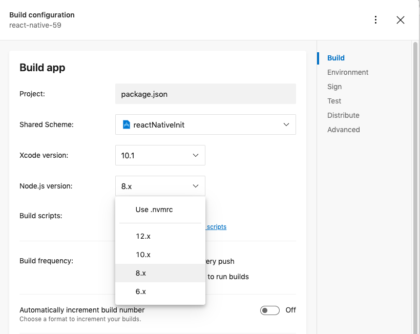 React Native  versions selection - Visual Studio App Center |  Microsoft Learn