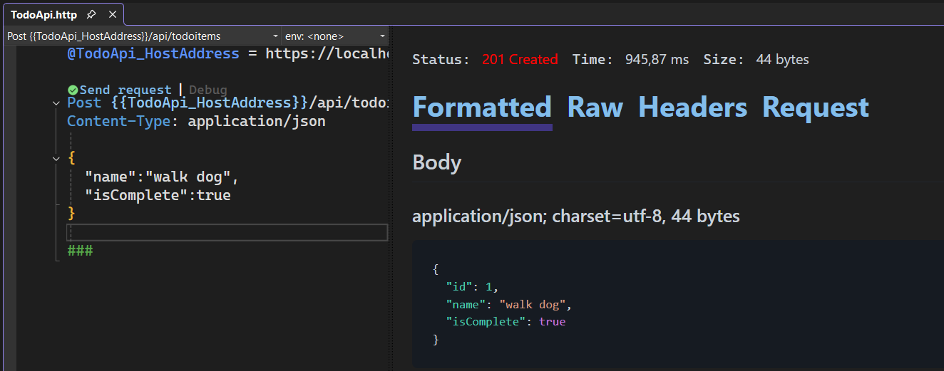 .http file window with response from the POST request.