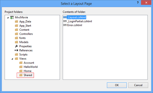 Screenshot that shows the Select a Layout Page. The subfolder labeled Shared is open and Layout dot c s h t m l is selected.