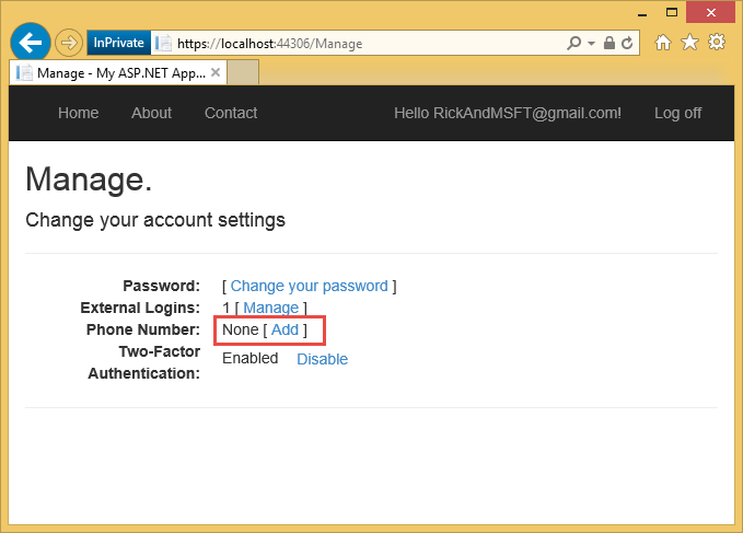 Screenshot that shows the A S P dot NET app Account Settings page. None Add next to Phone Number section is highlighted.