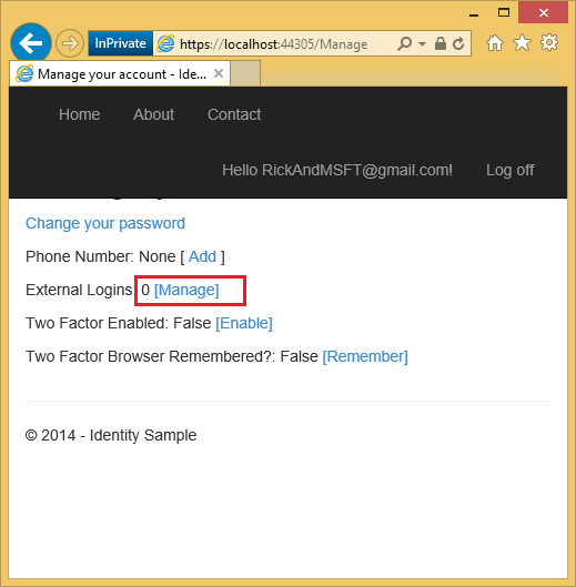 Screenshot that shows the My A S P dot Net Manage your account page. Next to the External Logins line, 0 and a Manage link is highlighted.