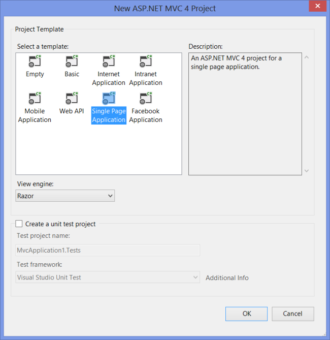 Screenshot that shows the New A S P dot NET M V C 4 Project dialog box. The Single Page Application template is selected.