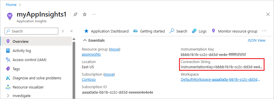 Screenshot that shows the Instrumentation Key on the Application Insights Overview tab.