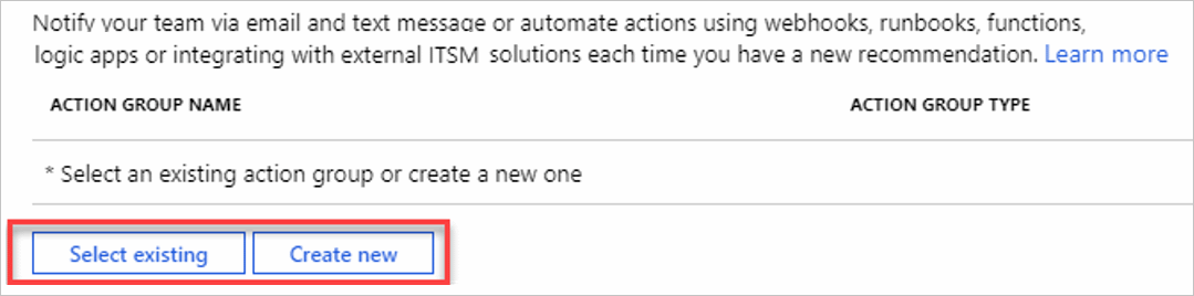 Screenshot that shows Advisor alert Select existing.