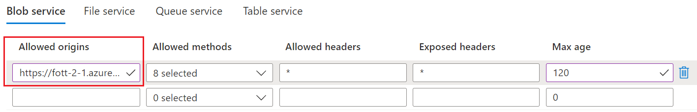 Screenshot that shows CORS configuration for a storage account.