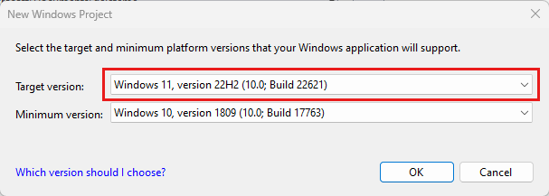 Screenshot that shows the New Universal Windows Platform Project dialog box with minimum and target versions selected.