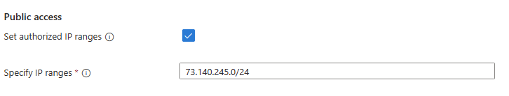 This screenshot shows the cluster resource's specify IP ranges networking settings Azure portal page.