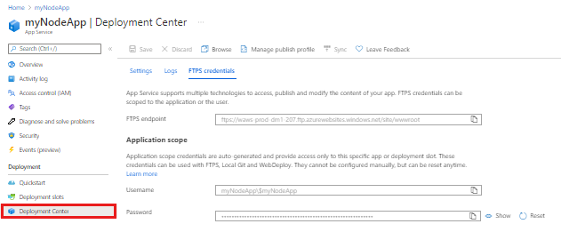 FTPS deployment credentials