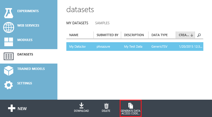 Screenshot shows datasets with the GENERATE DATA ACCESS CODE.