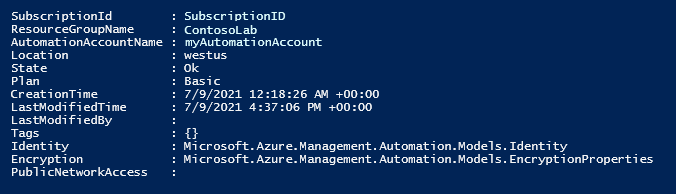 Output from Set-AzAutomationAccount command.