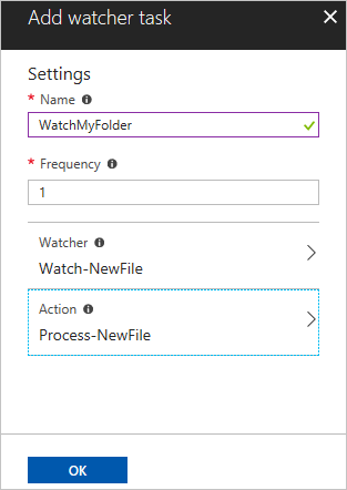 Screenshot of configuring  watcher action in the Azure portal.