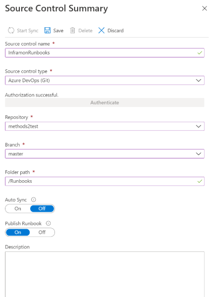 Screenshot that describes the Source control summary.