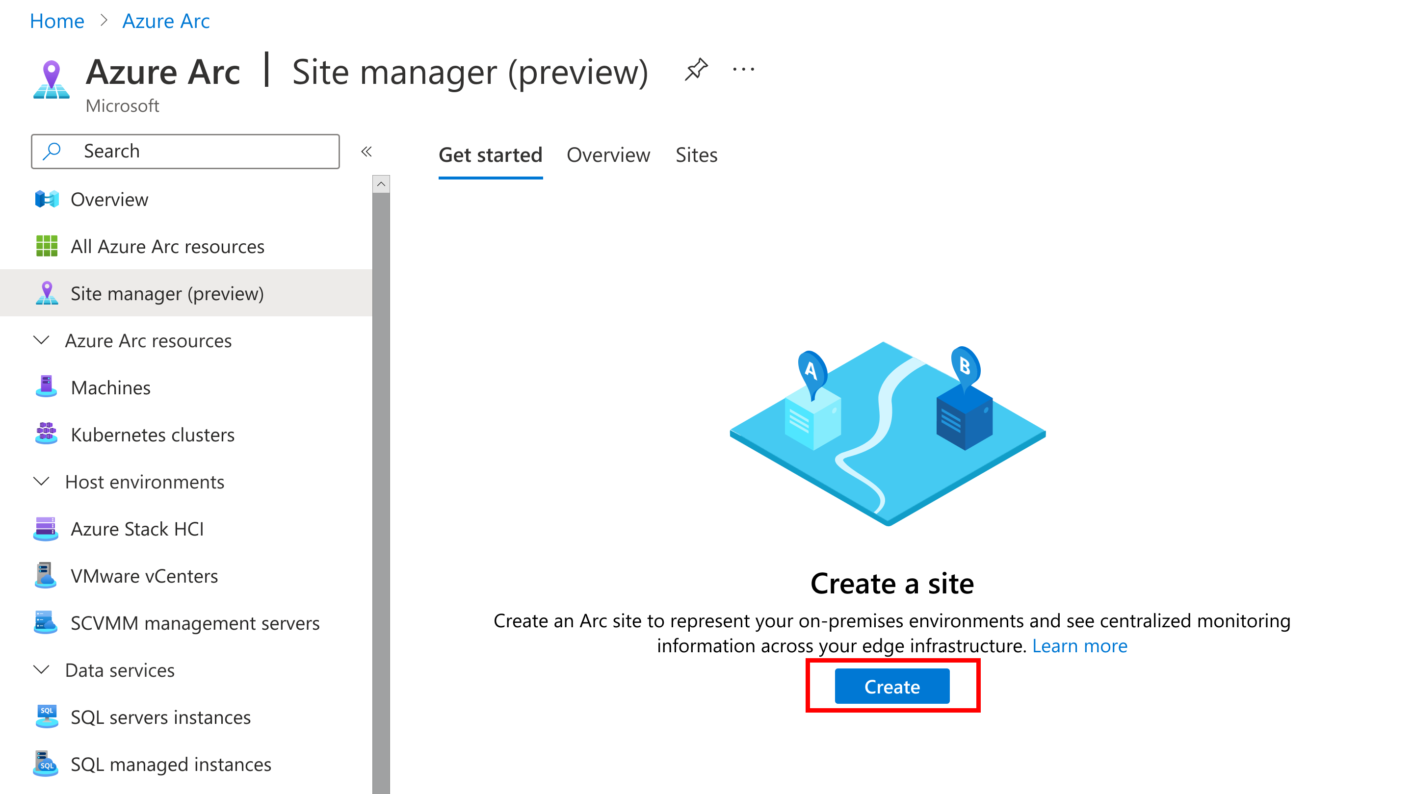 Screenshot that shows creating a site from the site manager overview.