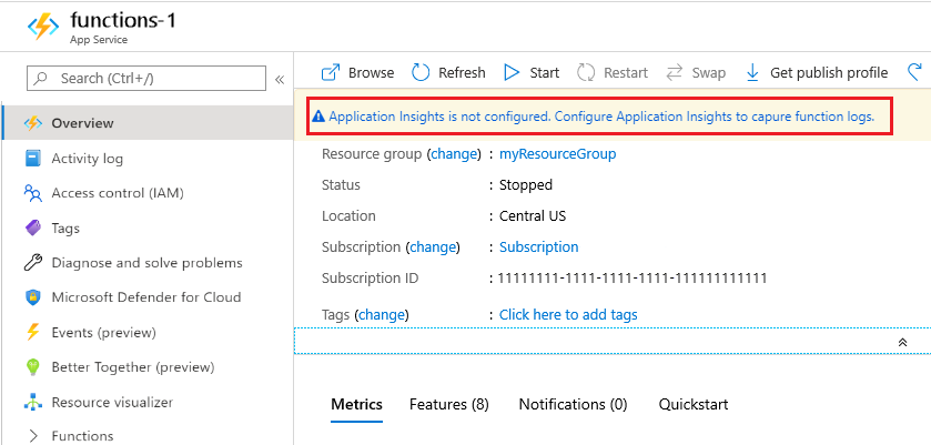 Screenshot of enabling Application Insights from the portal.