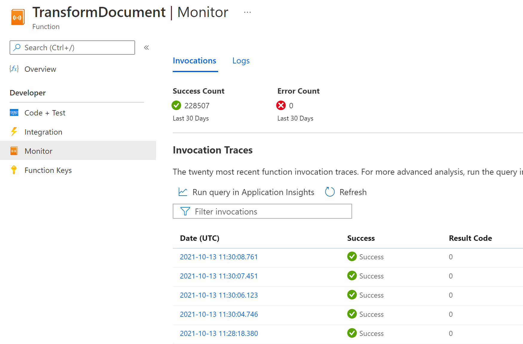 Screenshot that shows Host.Results telemetry in the function Monitor tab.