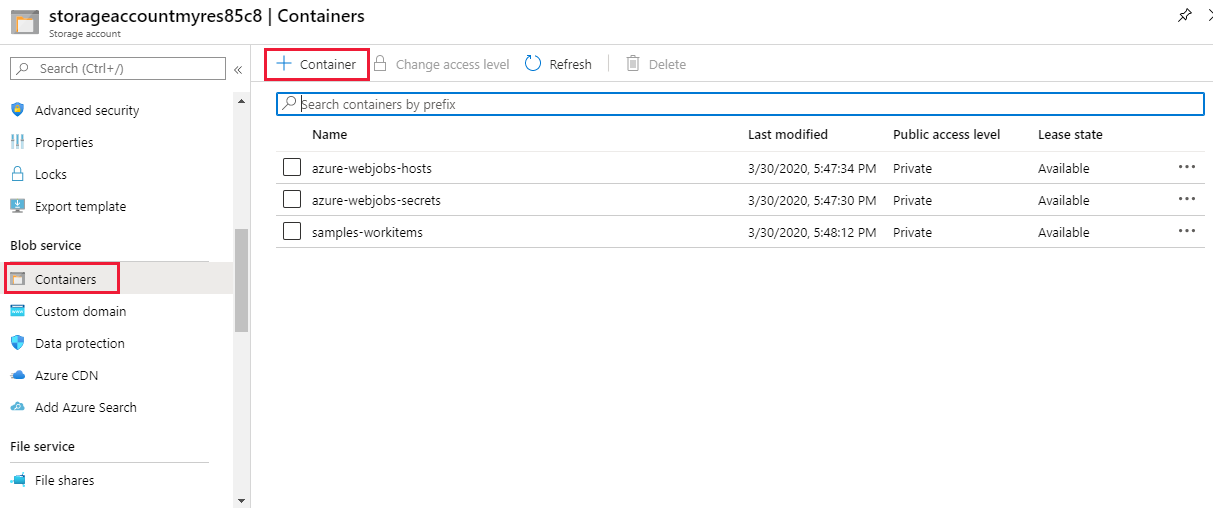 Add container to your storage account in the Azure portal.