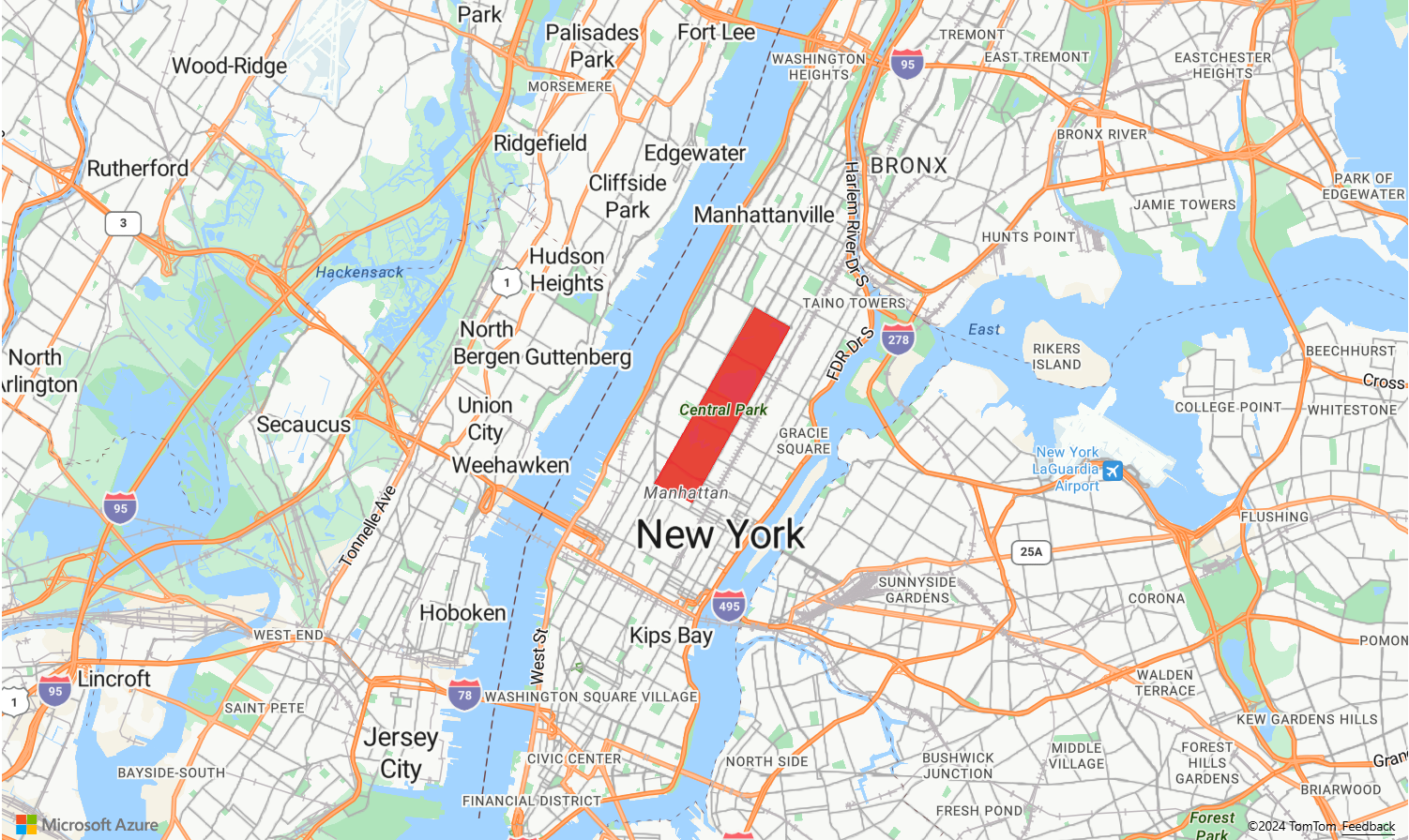 A screenshot of map of New York City demonstrating the polygon layer that is covering Central Park with fill Color set to red and fill Opacity set to 0.7.