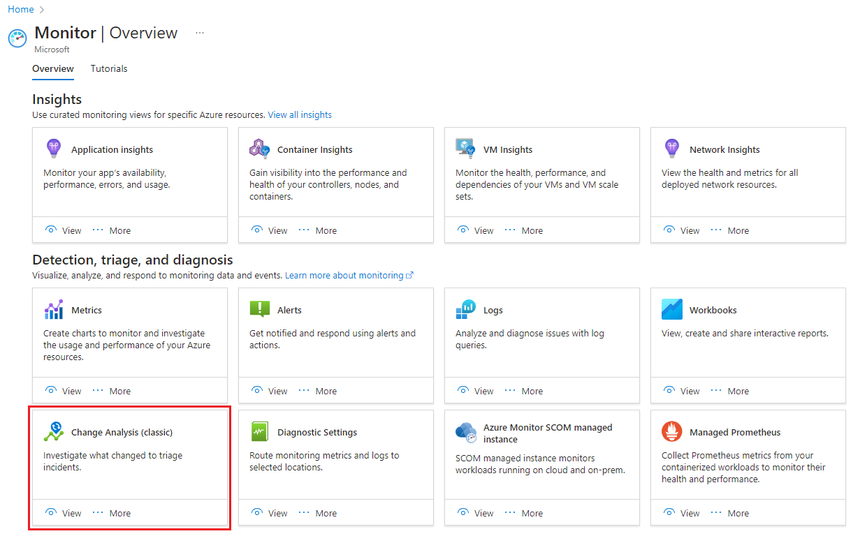 Screenshot of selecting the Change Analysis card on the Monitor overview page.