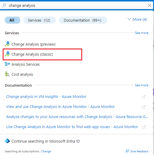 Screenshot of searching Change Analysis in Azure portal