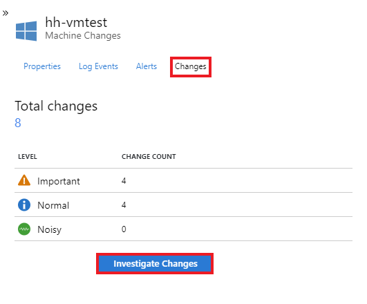 View of the property panel, selecting Investigate Changes button.