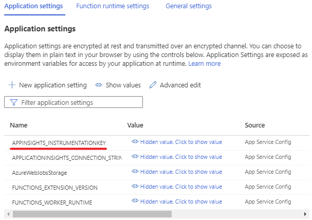 Screenshot showing the App Insights Instrumentation Key setting in the list.